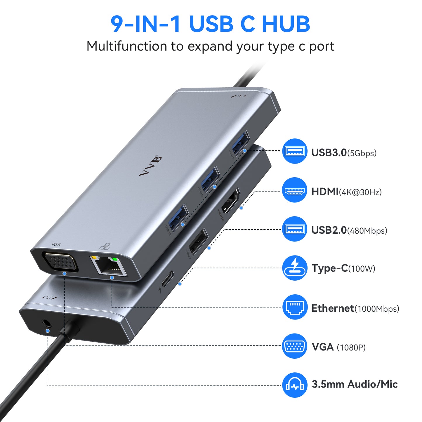 Hub USB C, Adaptateur Multiport 9-en-1, Stations d'accueil, USB-C vers HDMI 4K et VGA, Ethernet RJ45, Audio/Mic, PD 100W, Ports USB 3.0, Docking Station pour MacBook Pro/Air Dell HP Lenovo etc.