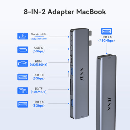 USB C Hub Adapter for MacBook Pro Air, MacBook Adapter 8-in-2, Mac Pro Dongle Accessories with 4K HDMI,Thunderbolt 3(Support 5K@60Hz/40Gbps/100W PD),USB 3.0/2.0, SD/TF for M3 M2 M1 2023 2022 2021