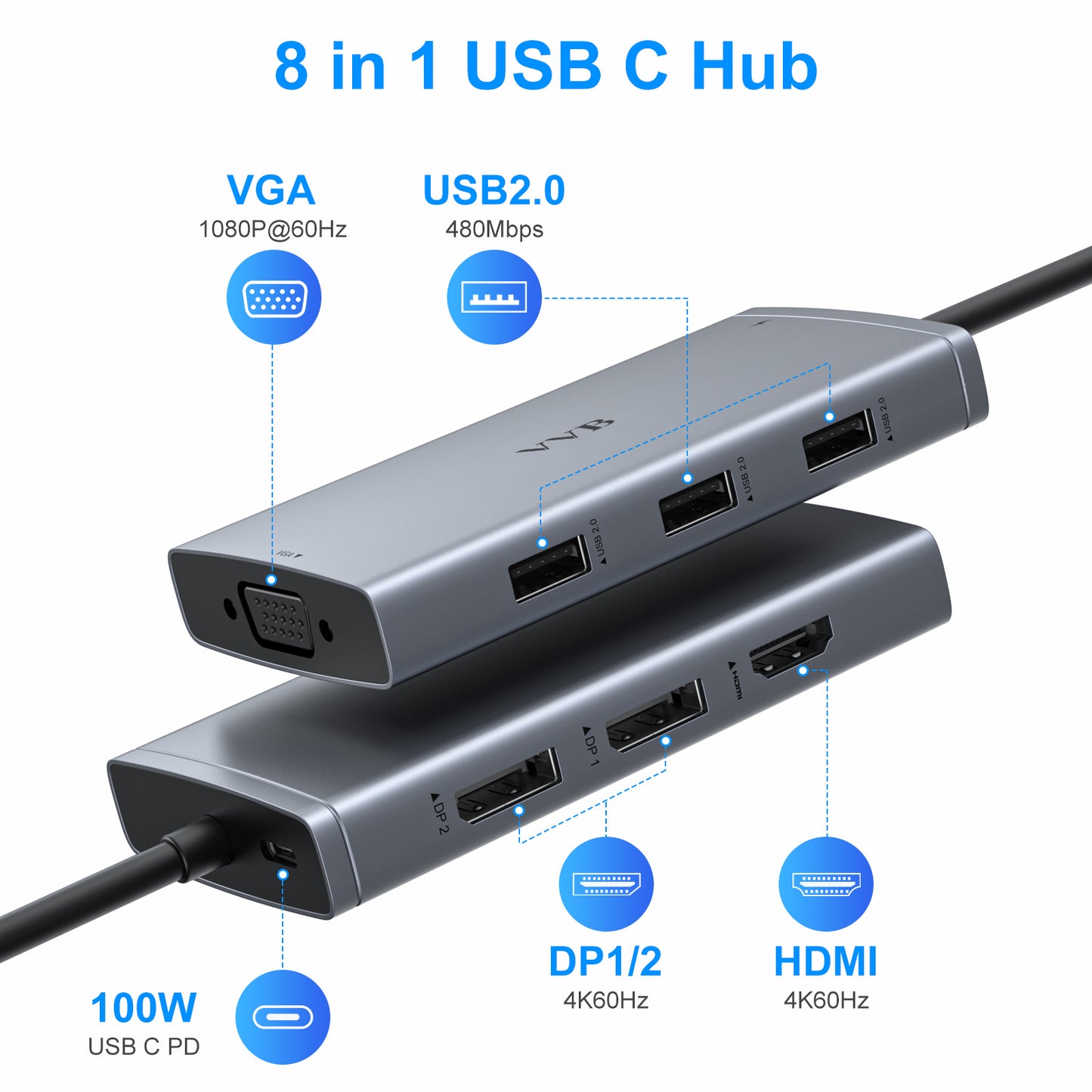 USB C Docking Station Dual Displayport Monitor for Dell/Lenovo/HP Laptop,Quadruple Display USB-C Hub Multiple Monitor Adapter Dongle with 2 Display ports DP+HDMI+VGA+100W Type C PD Charging+3USB A 2.0
