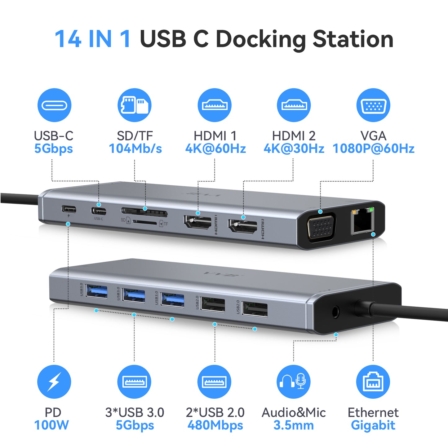 Hub USB C, Stations d'accueil Double Moniteur, Docking Station, Adaptateur 14 en 1 (2HDMI/VGA/Ethernet/PD 100W/5 Ports USB/SD/TF/Audio) Hub Multiport pour MacBook HP Dell XPS etc.