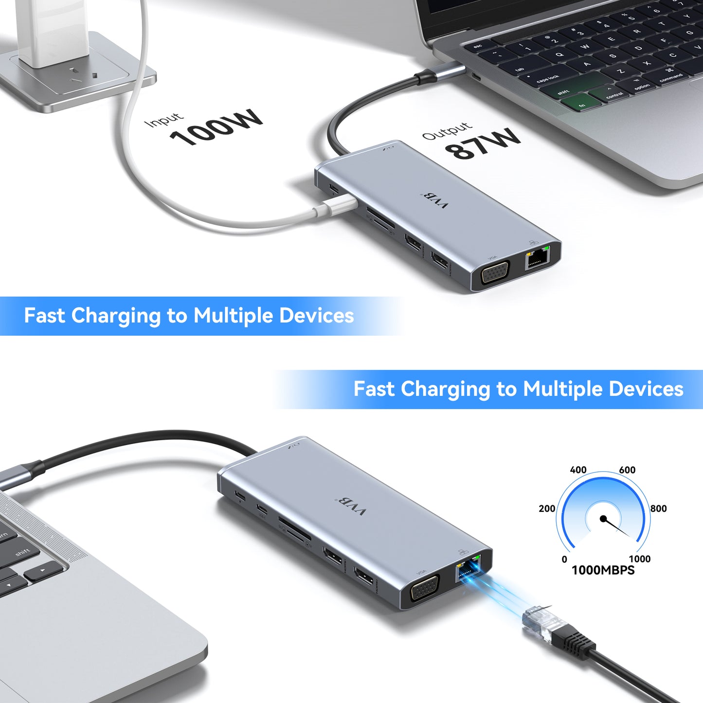 Hub USB C, Stations d'accueil Double Moniteur, Docking Station, Adaptateur 14 en 1 (2HDMI/VGA/Ethernet/PD 100W/5 Ports USB/SD/TF/Audio) Hub Multiport pour MacBook HP Dell XPS etc.