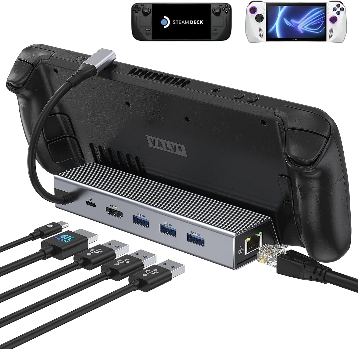 Steam Deck Dock,Docking Station for Steam Deck/ROG Ally,6-in-1 Stream Deck Dock with HDMI 2.0 4K@60Hz,Gigabit Ethernet,3 USB-A 3.0 and 100W USB-C Charging Port Compatible with Steam Deck OLED