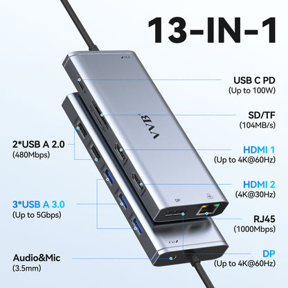 USB C Laptop Docking Station Dual Monitor HDMI for Dell/HP/Lenovo Laptop USB C Hub Multiport Adapter Dongle Dock,USB C to 2 HDMI+DisplayPort DP+Ethernet+100W USB C Power Charging Port+5USB+SD/TF+Audio