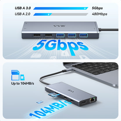 USB C Laptop Docking Station Dual Monitor HDMI for Dell/HP/Lenovo Laptop USB C Hub Multiport Adapter Dongle Dock,USB C to 2 HDMI+DisplayPort DP+Ethernet+100W USB C Power Charging Port+5USB+SD/TF+Audio