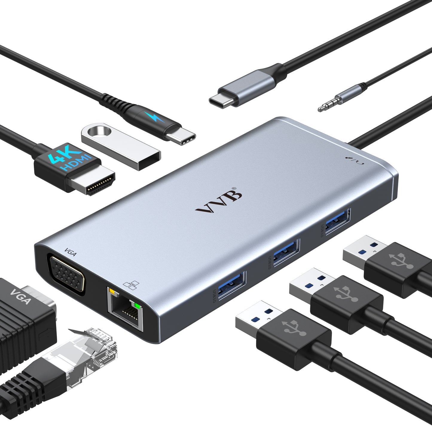 Hub USB C, Adaptateur Multiport 9-en-1, Stations d'accueil, USB-C vers HDMI 4K et VGA, Ethernet RJ45, Audio/Mic, PD 100W, Ports USB 3.0, Docking Station pour MacBook Pro/Air Dell HP Lenovo etc.