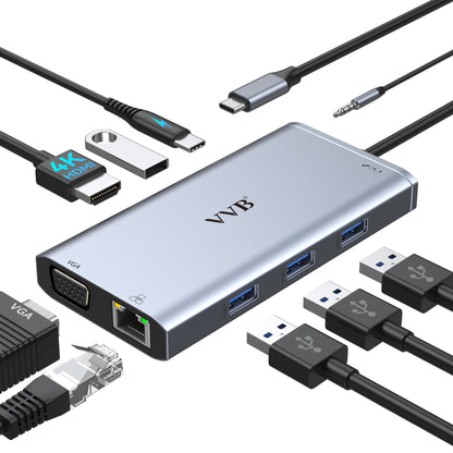Hub USB C, Adaptateur Multiport 9-en-1, Stations d'accueil, USB-C vers HDMI 4K et VGA, Ethernet RJ45, Audio/Mic, PD 100W, Ports USB 3.0, Docking Station pour MacBook Pro/Air Dell HP Lenovo etc.