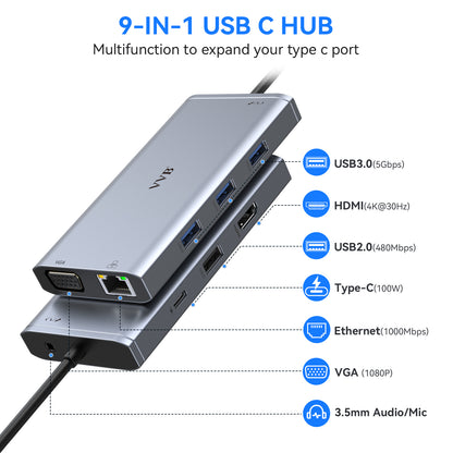 Hub USB C, Adaptateur Multiport 9-en-1, Stations d'accueil, USB-C vers HDMI 4K et VGA, Ethernet RJ45, Audio/Mic, PD 100W, Ports USB 3.0, Docking Station pour MacBook Pro/Air Dell HP Lenovo etc.