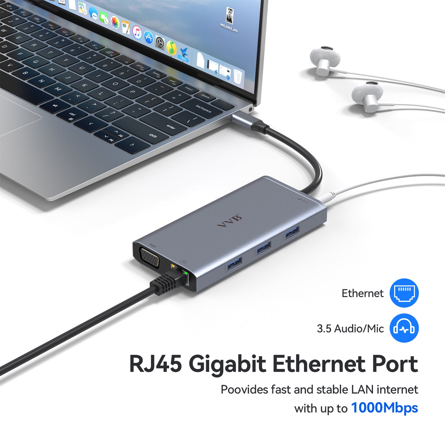 Hub USB C, Adaptateur Multiport 9-en-1, Stations d'accueil, USB-C vers HDMI 4K et VGA, Ethernet RJ45, Audio/Mic, PD 100W, Ports USB 3.0, Docking Station pour MacBook Pro/Air Dell HP Lenovo etc.