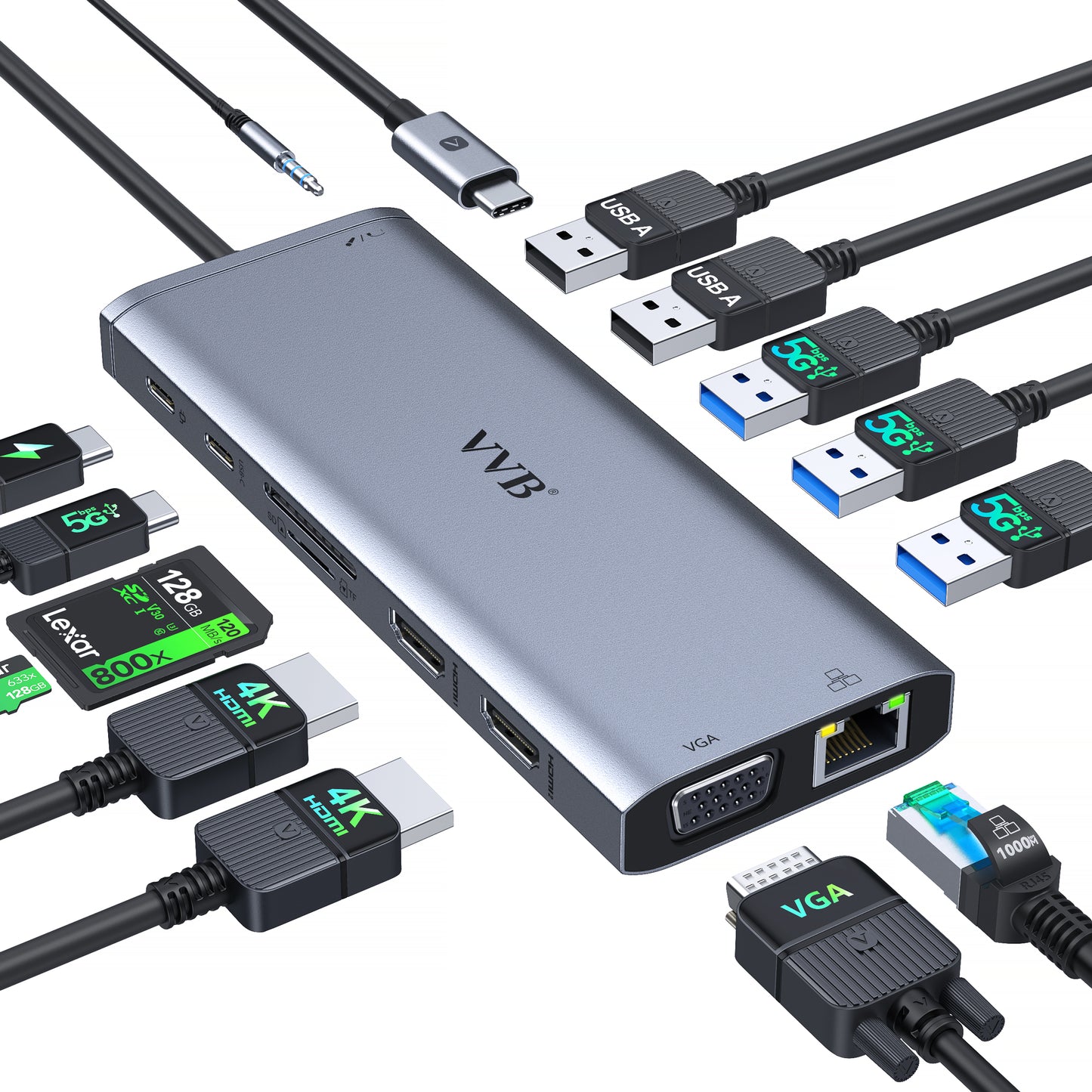 Hub USB C, Stations d'accueil Double Moniteur, Docking Station, Adaptateur 14 en 1 (2HDMI/VGA/Ethernet/PD 100W/5 Ports USB/SD/TF/Audio) Hub Multiport pour MacBook HP Dell XPS etc.